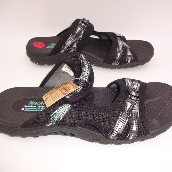 NWT New Womens Skechers Reggaes Black Sandals 10 Outdoor Lifestyle Grey White - Picture 2 of 11